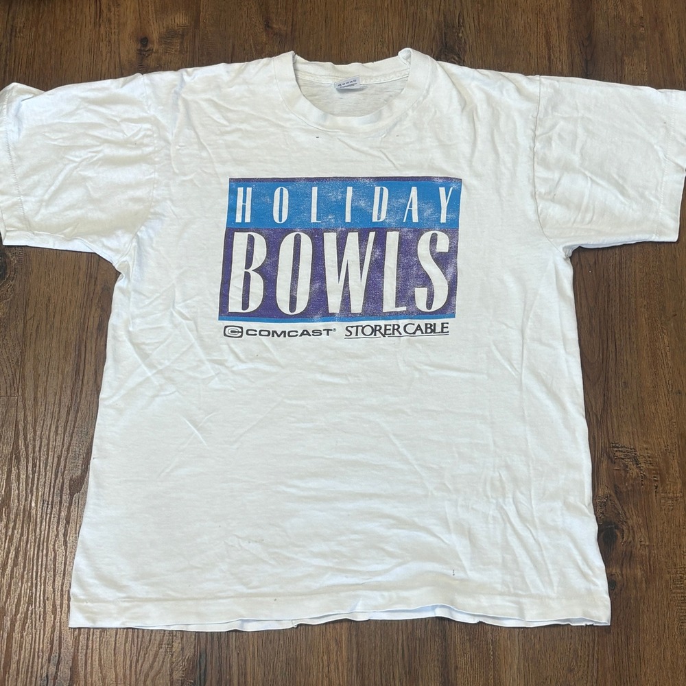 VTG 1991 Holiday Bowls Comcast Storer Cable Large T-Shirt Single Stitch Telecom